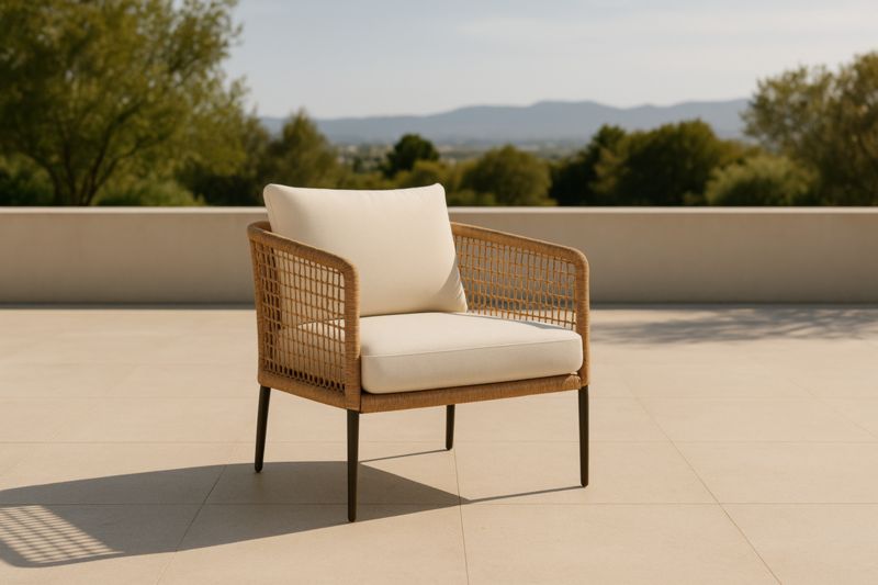 Garden armchair in rattan and fabric with beige cushion