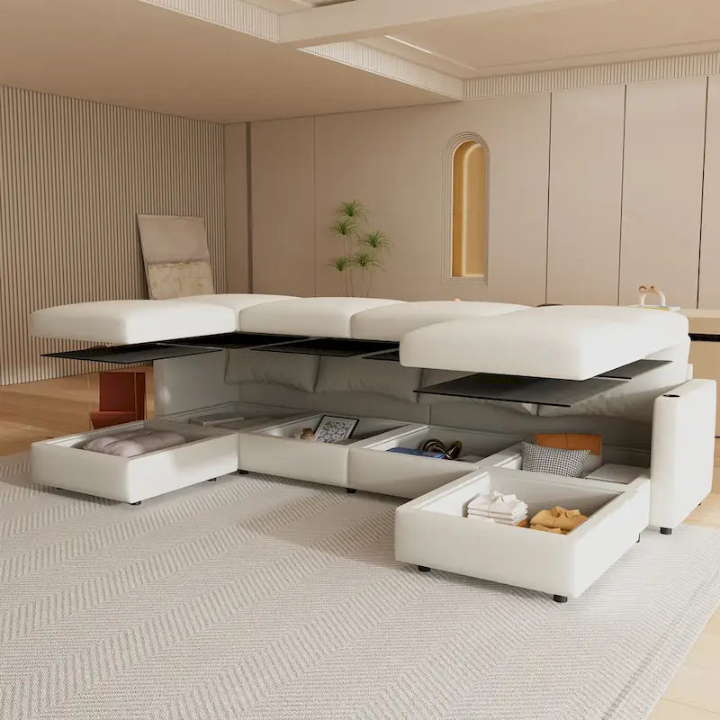 Christopher Knight Home - Stellar Modular U-Shaped Sectional Sofa Bed with Storage, 6 Seats, Ottoman, and Chenille Fabric