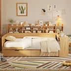 Wooden Full Size Daybed with Storage Shelves, Two Drawers & Study Desk,Natural