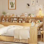 Wooden Full Size Daybed with Storage Shelves, Two Drawers & Study Desk,Natural