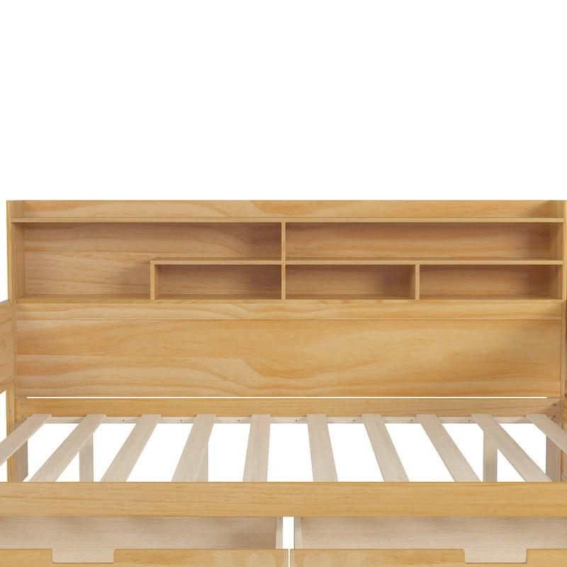 Wooden Full Size Daybed with Storage Shelves, Two Drawers & Study Desk,Natural