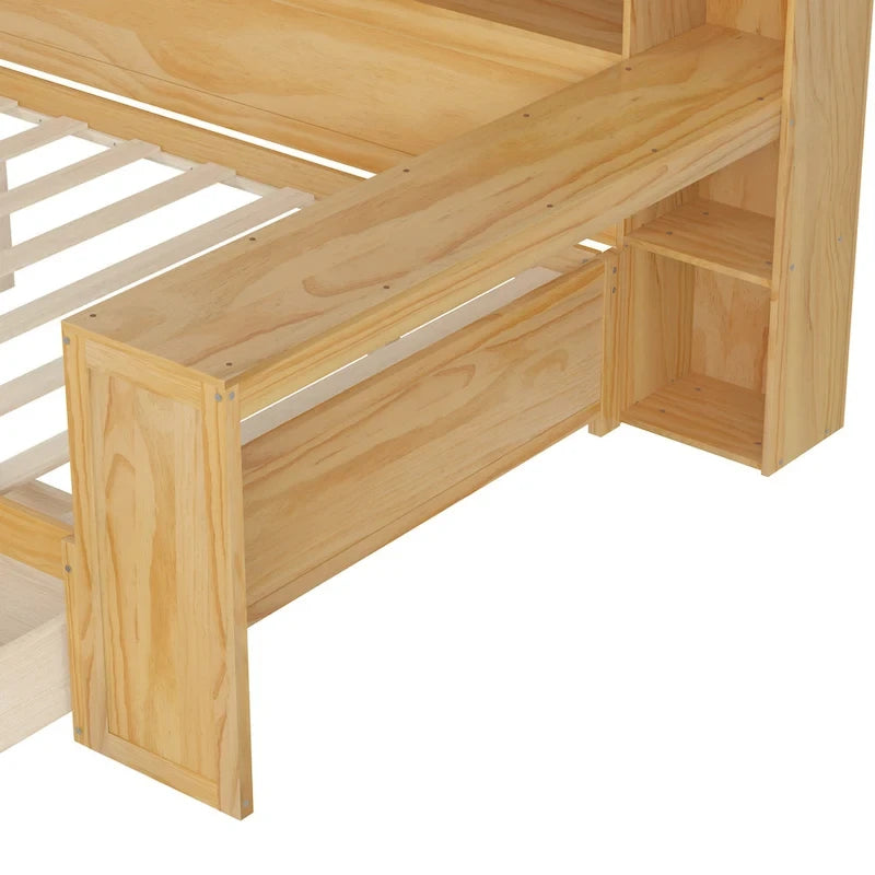 Wooden Full Size Daybed with Storage Shelves, Two Drawers & Study Desk,Natural