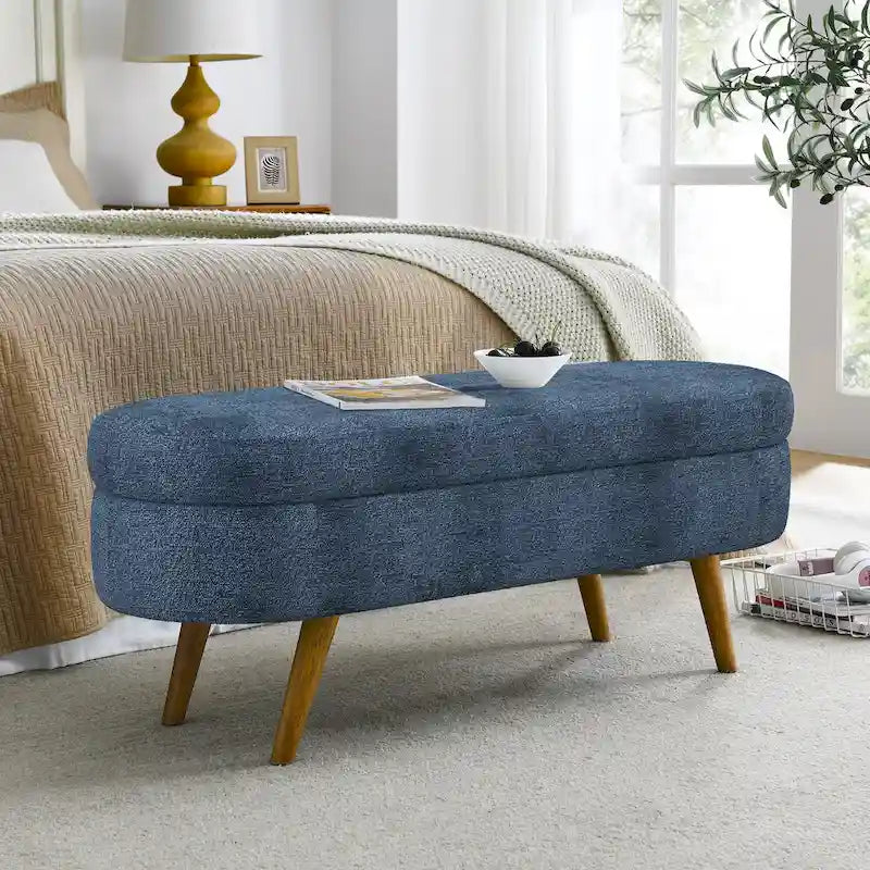 43.5 in. Oval Bedroom Bench Linen Fabric Upholstered Storage Ottoman Bench with Solid Wood Legs Entryway Bench