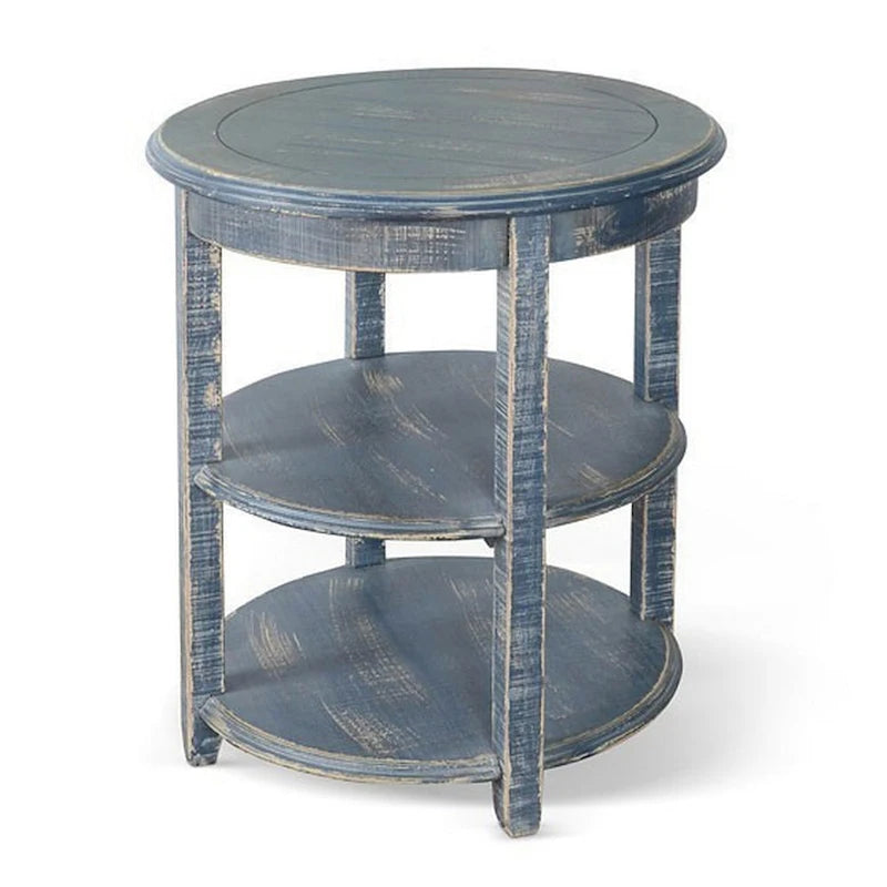 Rena Side End Table with 2 Shelves, 24 Inch Ocean Blue Mahogany Wood