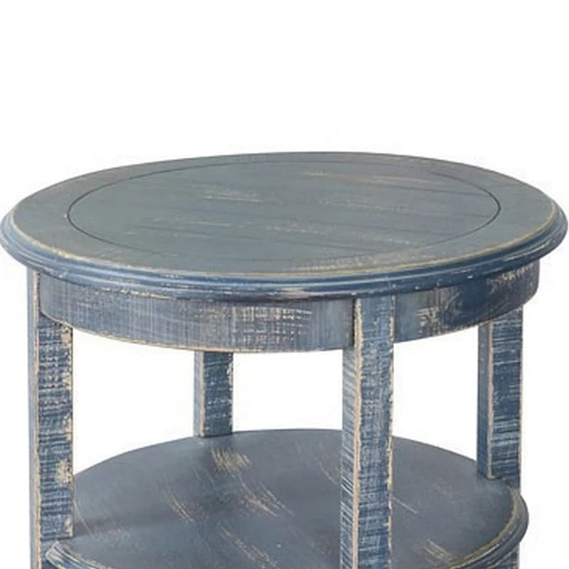 Rena Side End Table with 2 Shelves, 24 Inch Ocean Blue Mahogany Wood