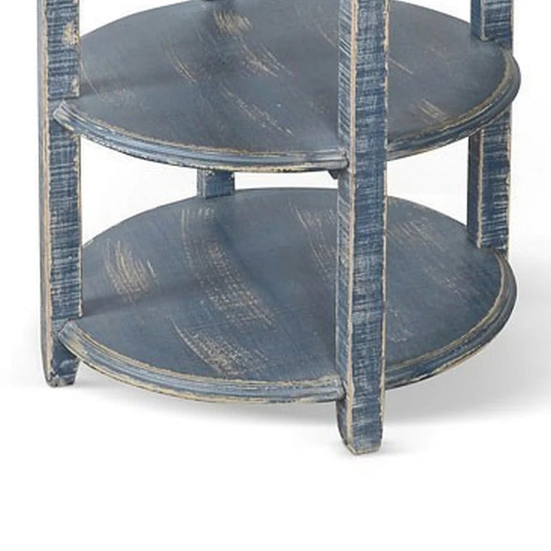 Rena Side End Table with 2 Shelves, 24 Inch Ocean Blue Mahogany Wood