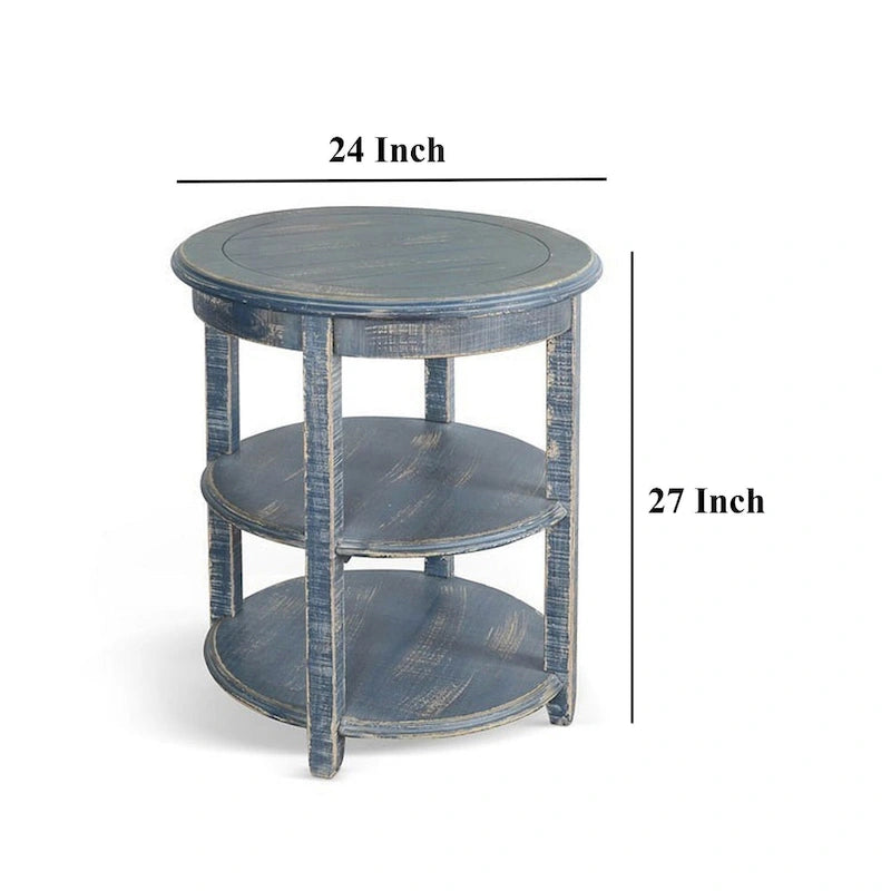 Rena Side End Table with 2 Shelves, 24 Inch Ocean Blue Mahogany Wood