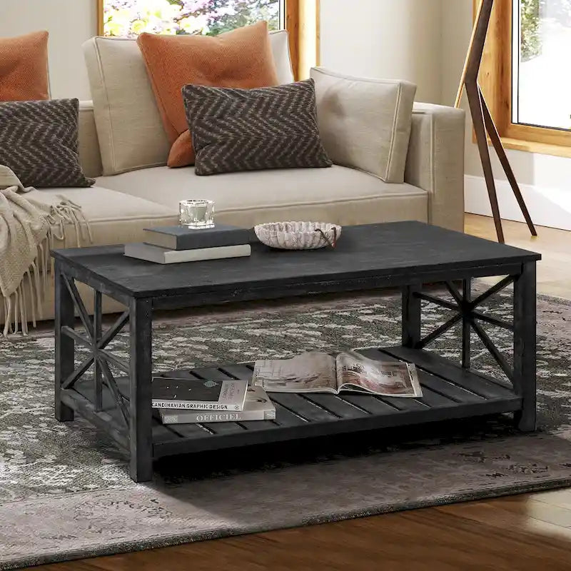 Modern Coffee Table Rectangular Living Room Center Table with Storage Shelves, for Small Space Living Room Antique Brown