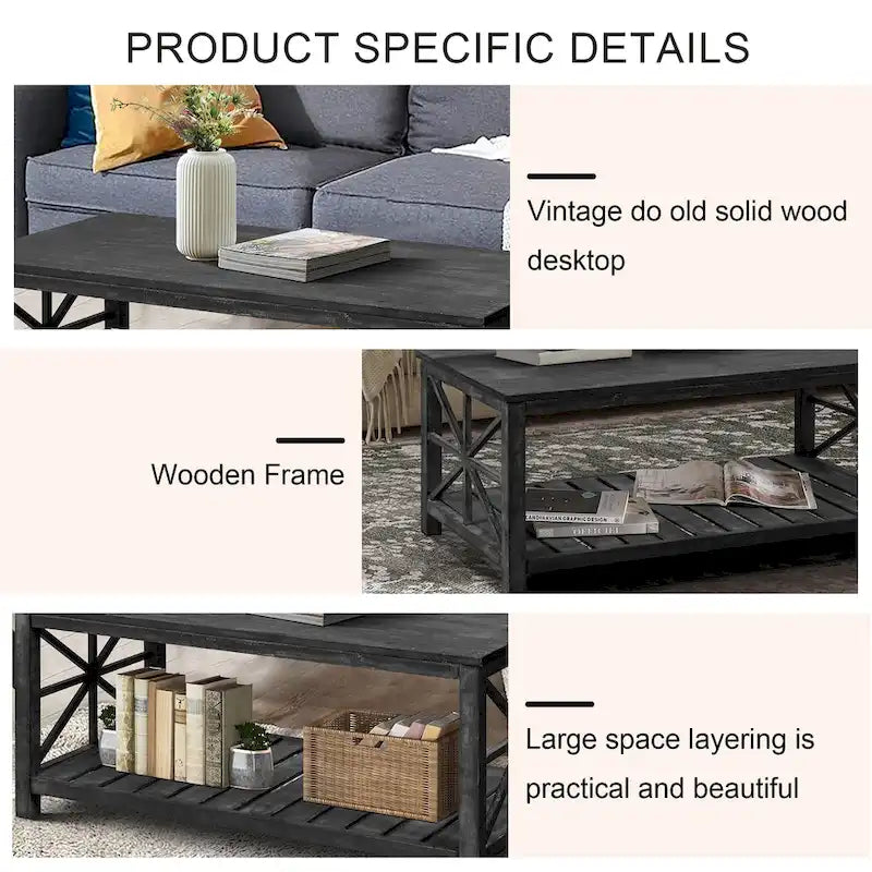 Modern Coffee Table Rectangular Living Room Center Table with Storage Shelves, for Small Space Living Room Antique Brown