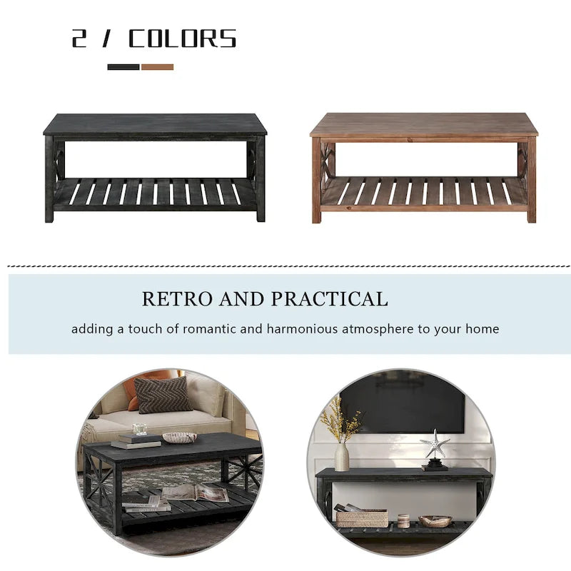 Modern Coffee Table Rectangular Living Room Center Table with Storage Shelves, for Small Space Living Room Antique Brown