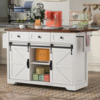 53.7   Farmhouse Kitchen Island With Power Outlet and Sliding Barn Doors, Rustic Storage Island With Drop Leaf and Drawers