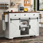 53.7   Farmhouse Kitchen Island With Power Outlet and Sliding Barn Doors, Rustic Storage Island With Drop Leaf and Drawers