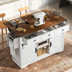 53.7   Farmhouse Kitchen Island With Power Outlet and Sliding Barn Doors, Rustic Storage Island With Drop Leaf and Drawers
