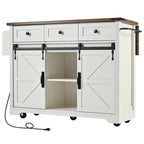 53.7   Farmhouse Kitchen Island With Power Outlet and Sliding Barn Doors, Rustic Storage Island With Drop Leaf and Drawers