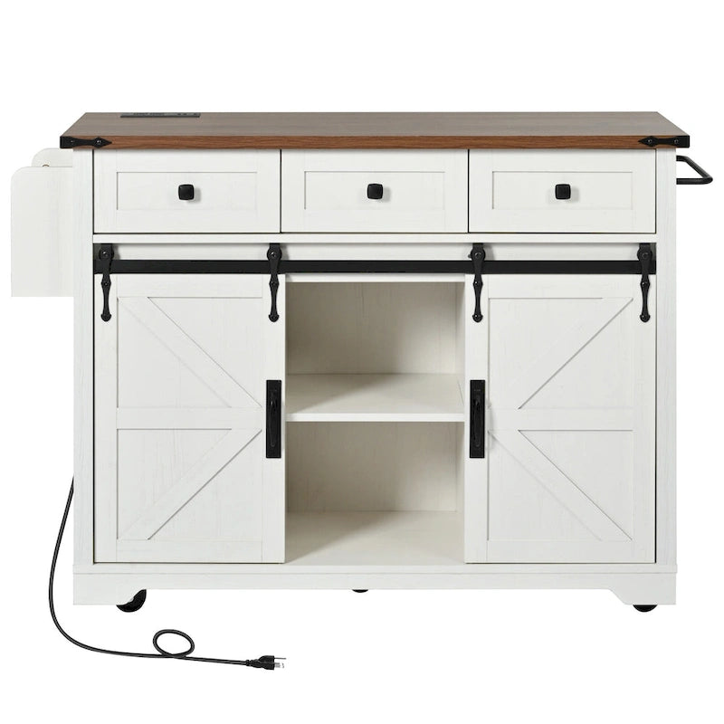 53.7   Farmhouse Kitchen Island With Power Outlet and Sliding Barn Doors, Rustic Storage Island With Drop Leaf and Drawers