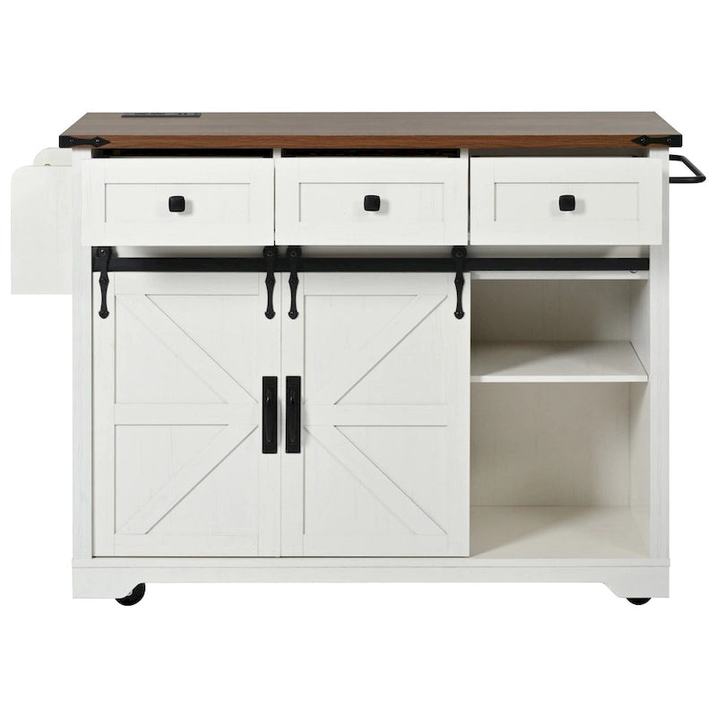 53.7   Farmhouse Kitchen Island With Power Outlet and Sliding Barn Doors, Rustic Storage Island With Drop Leaf and Drawers