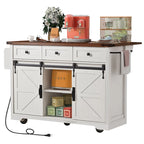 53.7   Farmhouse Kitchen Island With Power Outlet and Sliding Barn Doors, Rustic Storage Island With Drop Leaf and Drawers