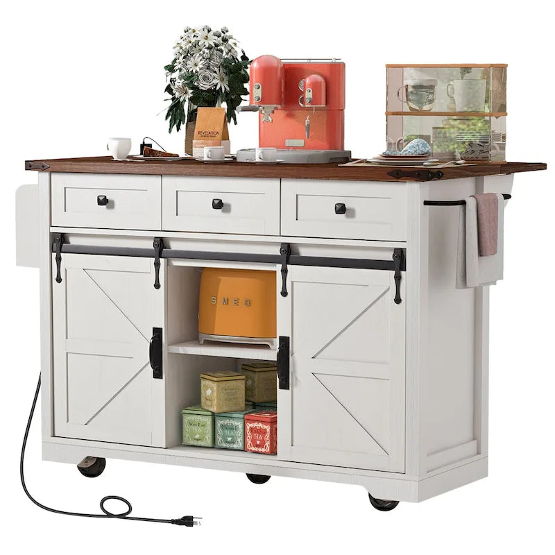 53.7   Farmhouse Kitchen Island With Power Outlet and Sliding Barn Doors, Rustic Storage Island With Drop Leaf and Drawers