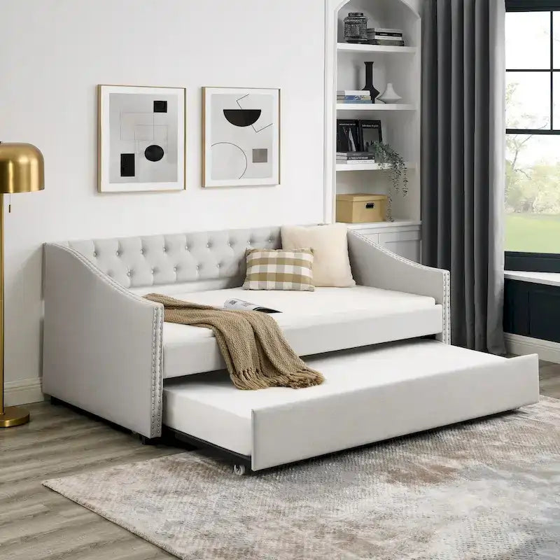 Upholstered Daybed Frame with Trundle & Tufted Backrest