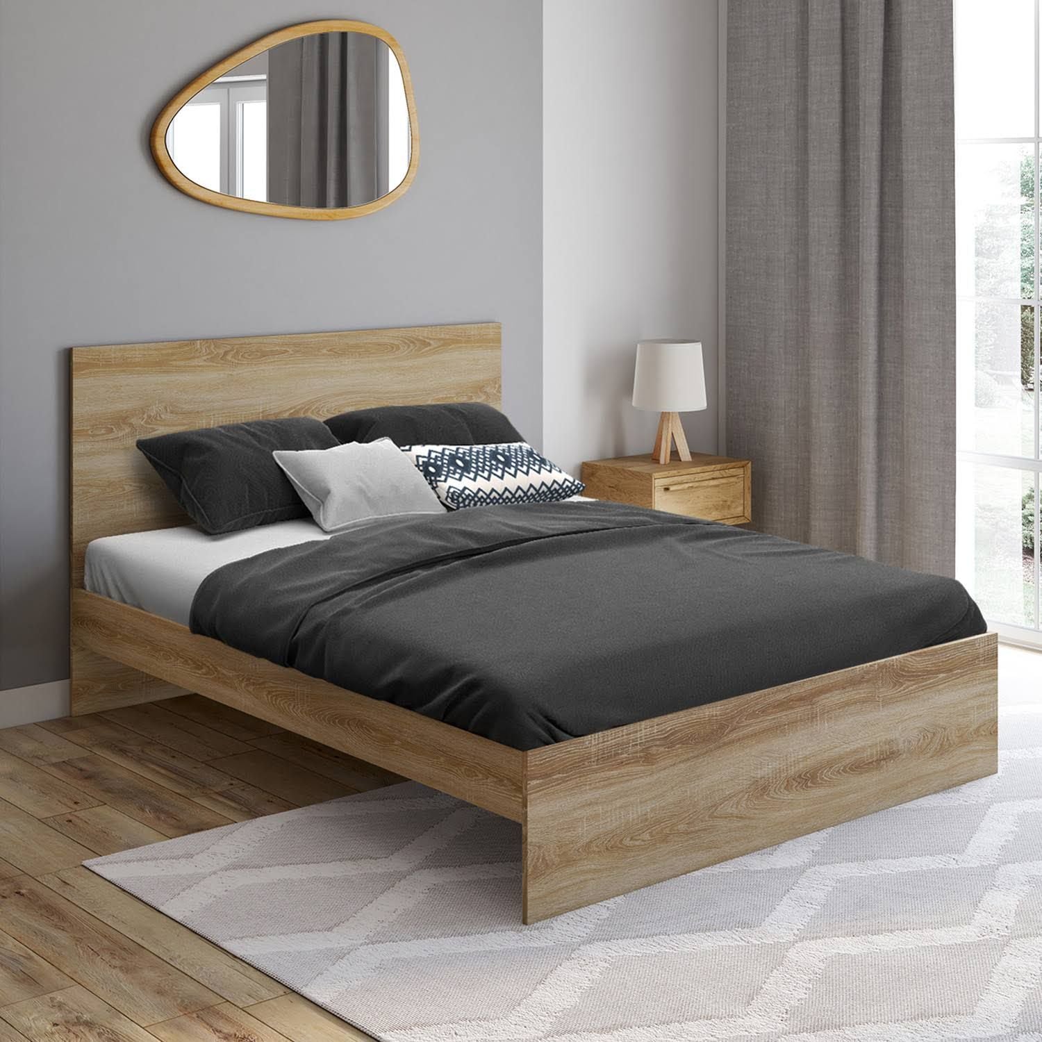 idmarket Omaha double bed with headboard and slatted base, 140 x 190 cm, beech effect