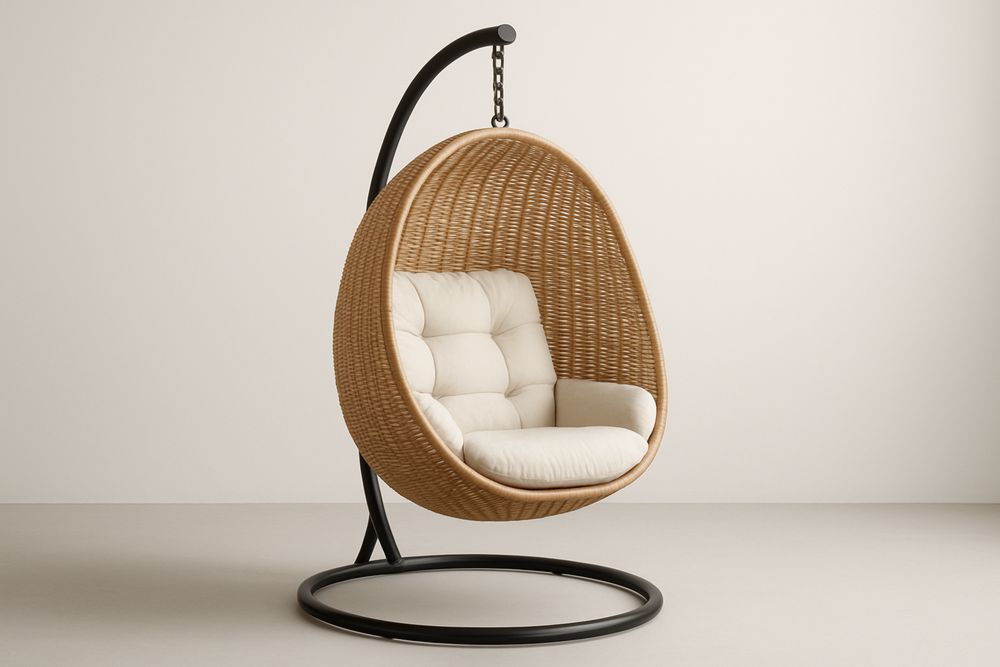 Hanging chair in steel and rattan with natural cream polyester cushion, 105 cm x 75 cm x 110 cm (W×D×H)