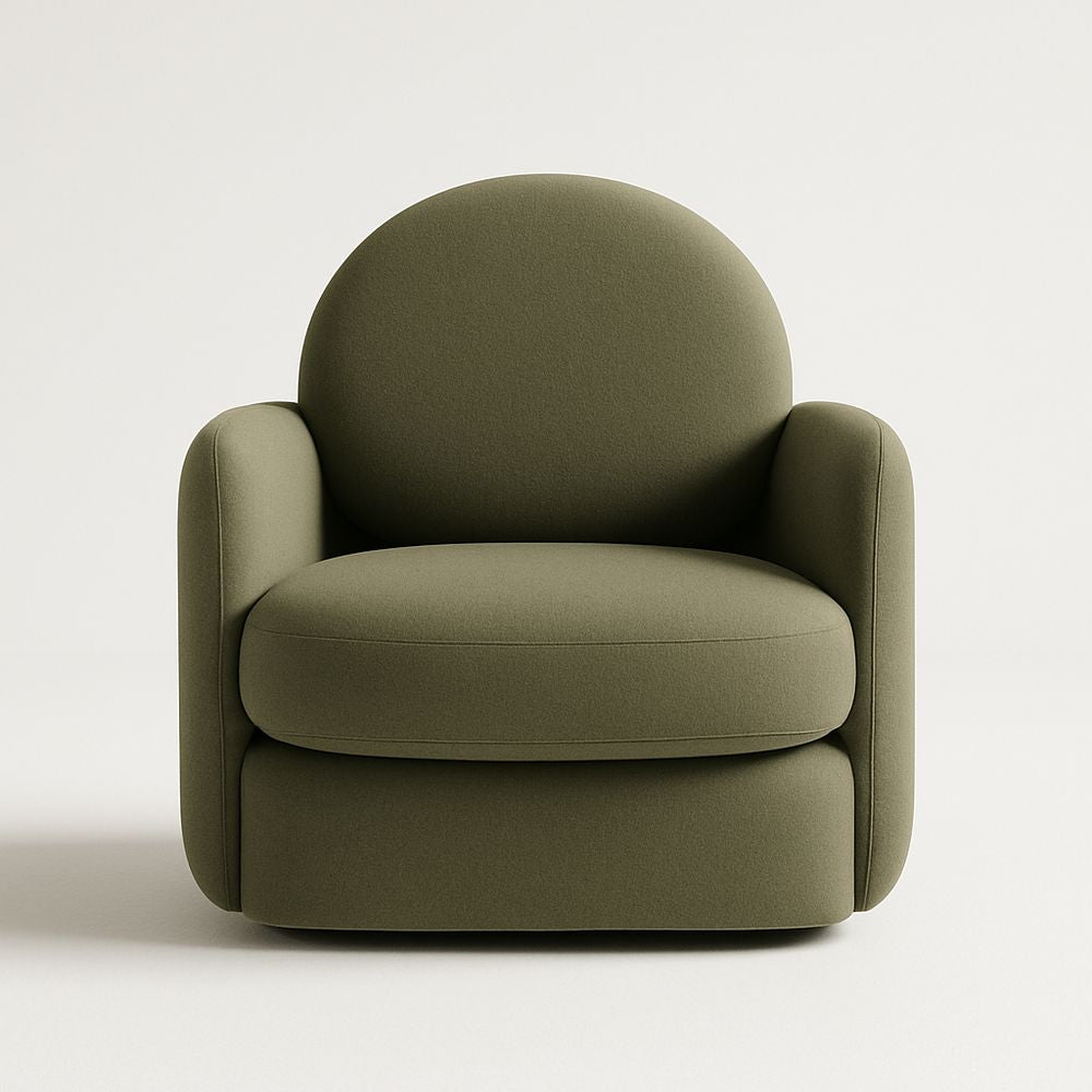 Armchair in olive green fabric with a solid wood frame