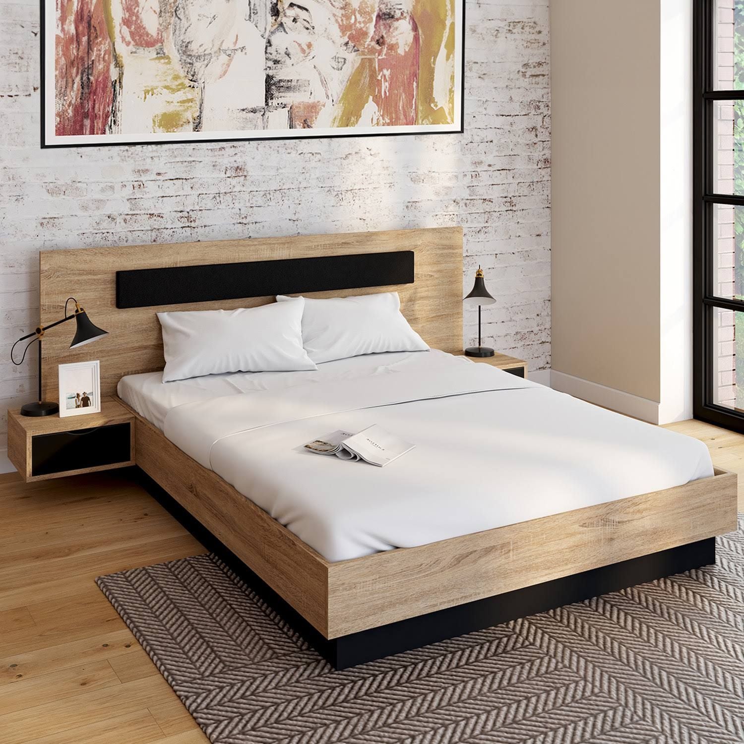 id market Santa double bed with headboard + integrated bedside tables and slatted base 140 x 190 cm wood and black