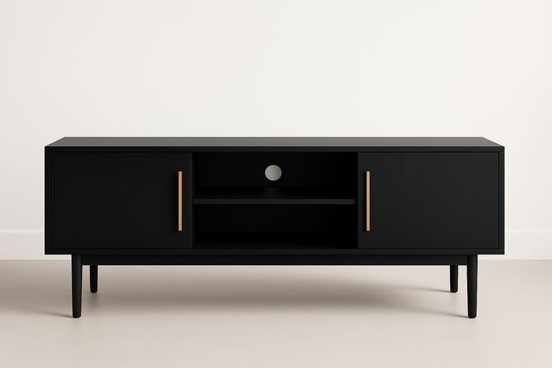 Black MDF TV stand with metal handles, 120x40x50 cm