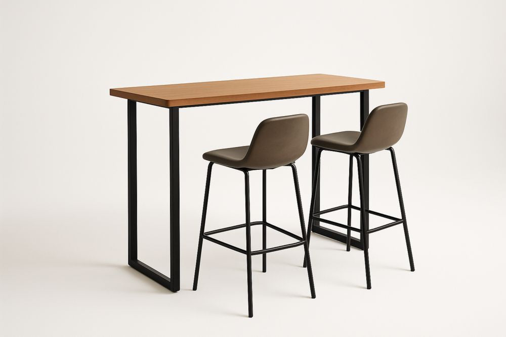 High table in MDF with steel stools and brown faux leather – Set of 3