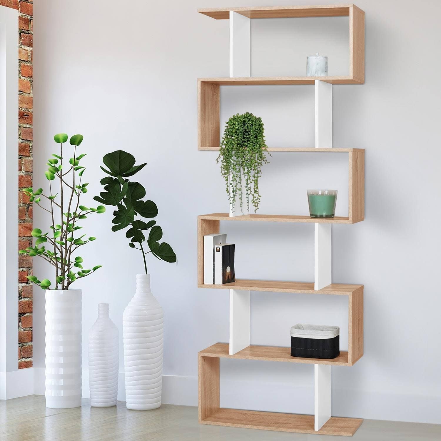 id market Sofia S-Shaped Bookshelf, Beech and White Finish, 189 cm