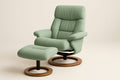 Swivel lounge chair in green polyester fabric with solid wood base and matching footrest