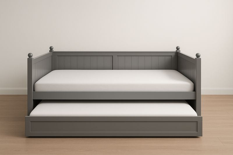 Grey wooden trundle bed with foam mattress