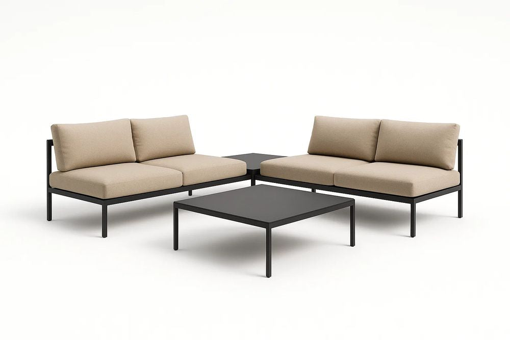 Modular outdoor sofa set in steel and beige fabric with coffee table