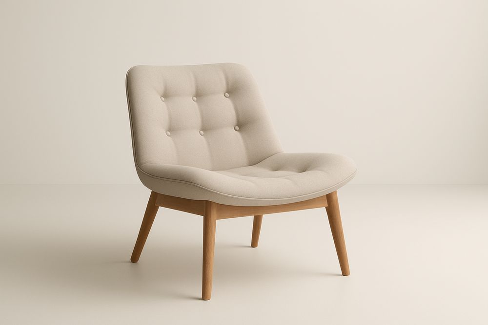 Lounge chair in beige polyester fabric with a beechwood frame