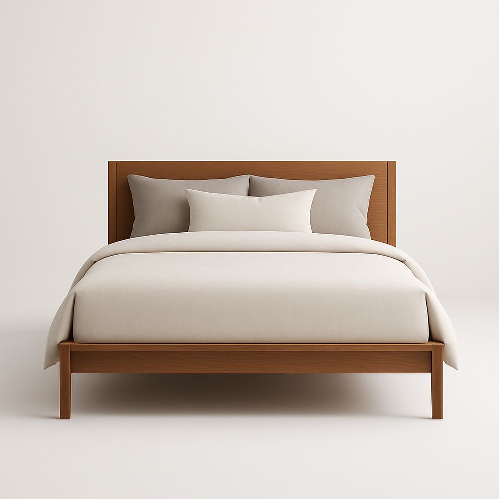 Double wooden bed with oak headboard and beige bed linen 160x200 cm