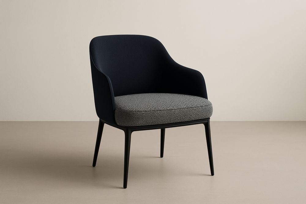 Armchair in polyester fabric with black steel frame, black/grey