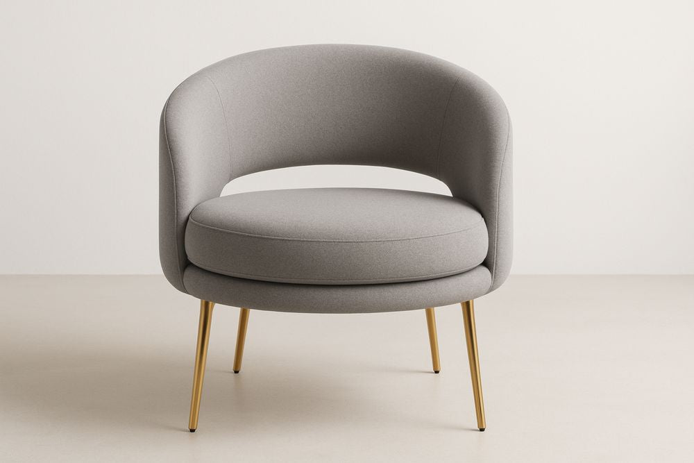 Lounge chair in grey polyester fabric with gold steel legs
