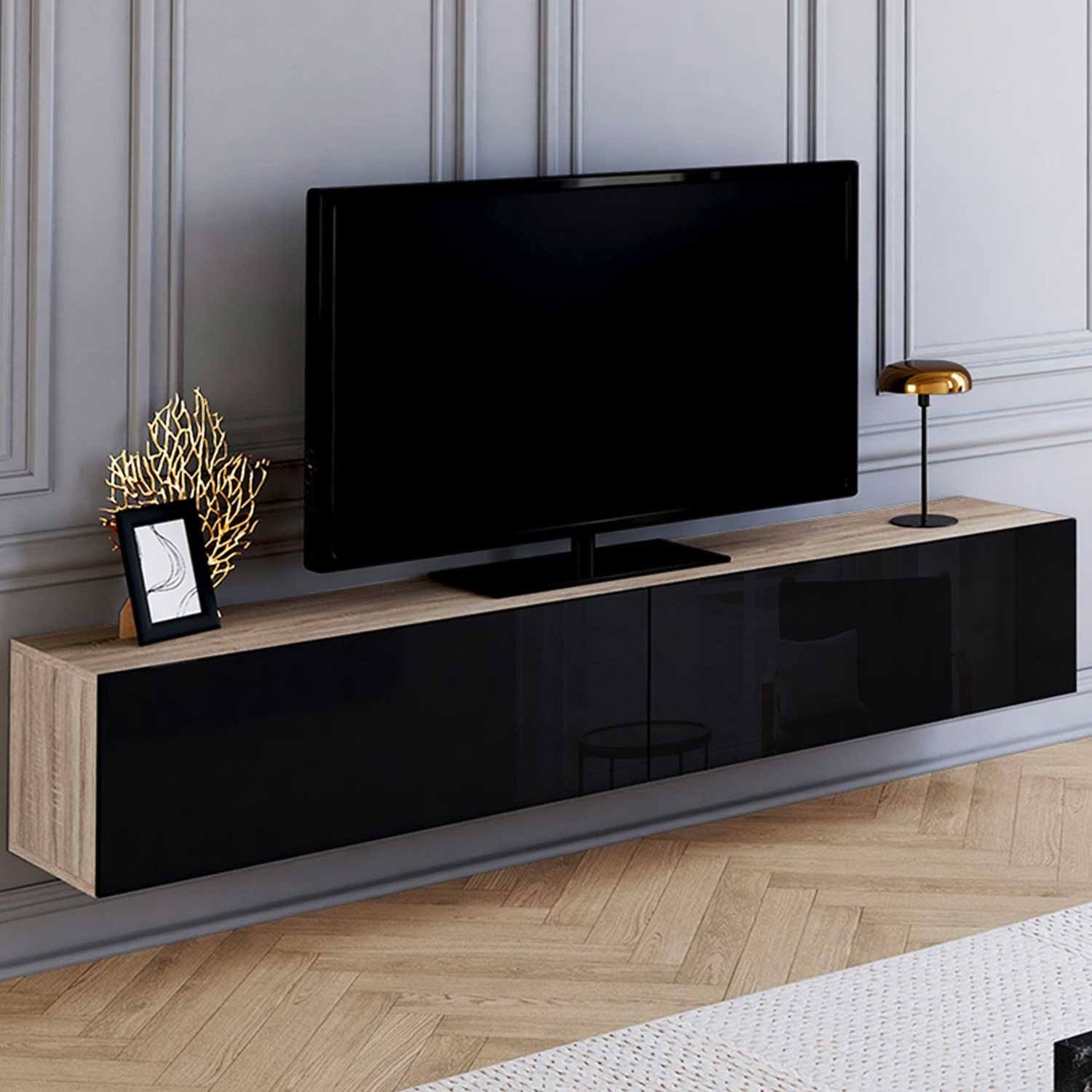 idmarket Elio 180cm Wall-Mounted TV Unit with 2 Doors, Wood and Black