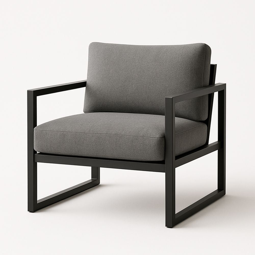 Aluminum armchair with gray polyester cushions