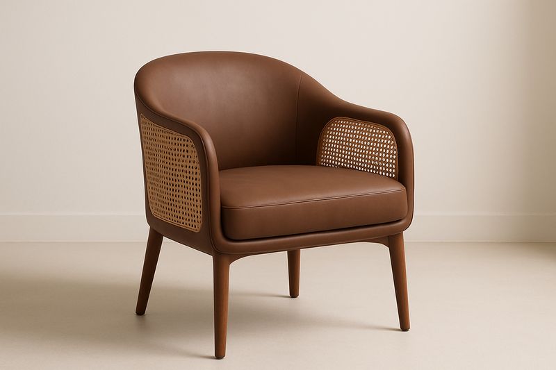 Brown faux leather armchair with rattan armrests and cushions