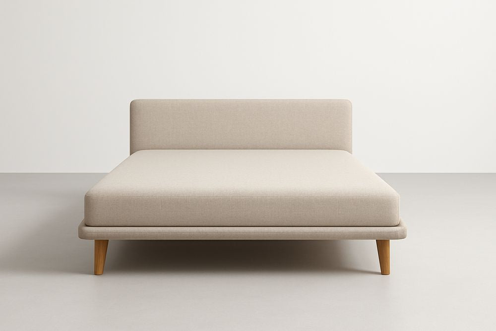 Double fabric bed with wooden legs, 200cm x 160cm