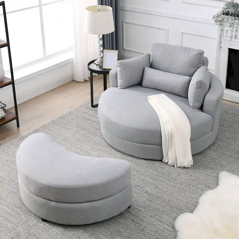 Welike Swivel Accent Barrel Modern Grey Sofa Lounge Club Big Round Chair with Storage Ottoman