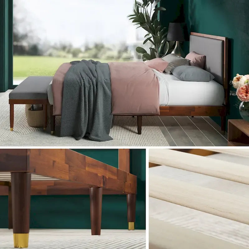 Priage by ZINUS Brown Wood Platform Bed Frame with Adjustable Upholstered Headboard