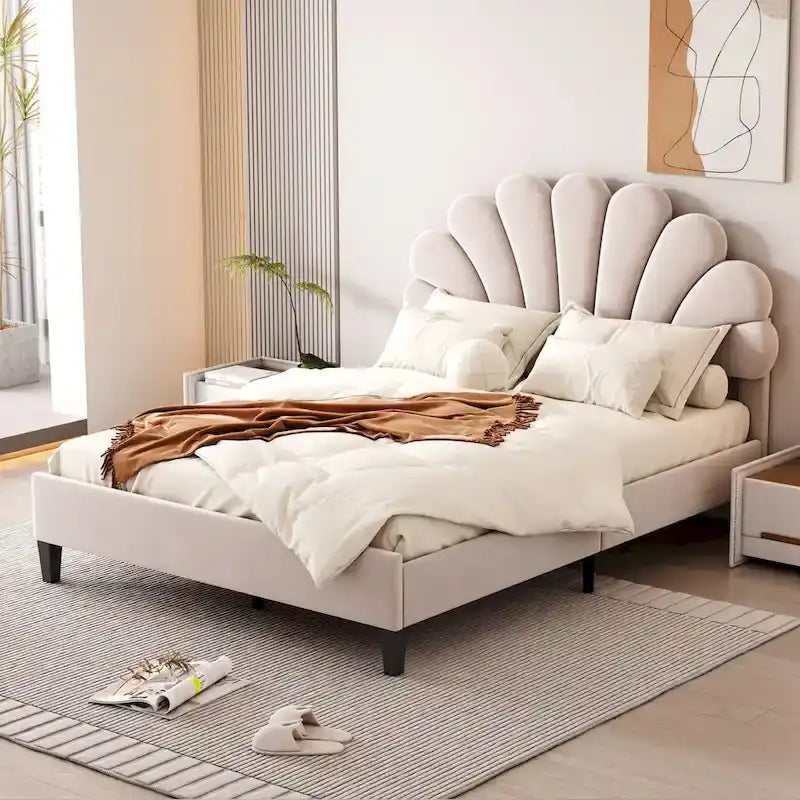 Full Size Upholstered Platform Bed with Flower Headboard