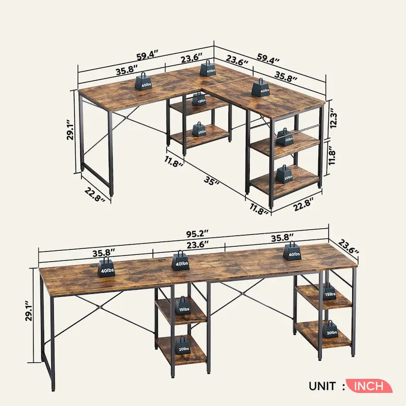 95.2 Inch L Shaped Desk with Shelves Home Office Computer Desk