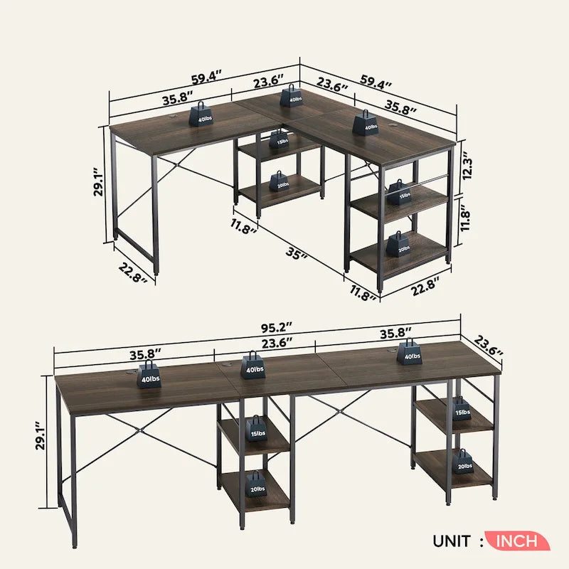 95.2 Inch L Shaped Desk with Shelves Home Office Computer Desk