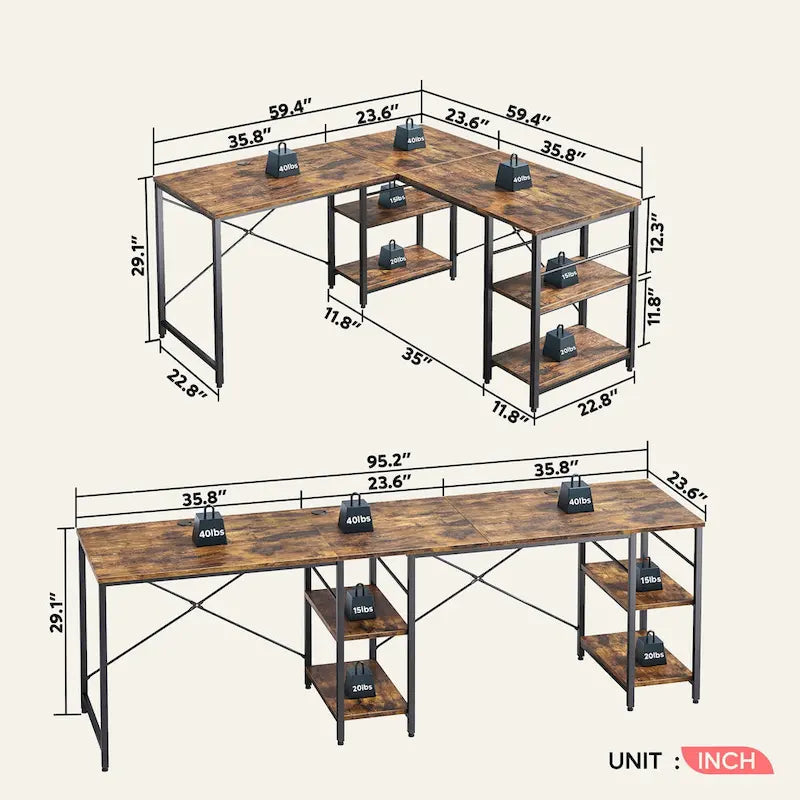 95.2 Inch L Shaped Desk with Shelves Home Office Computer Desk