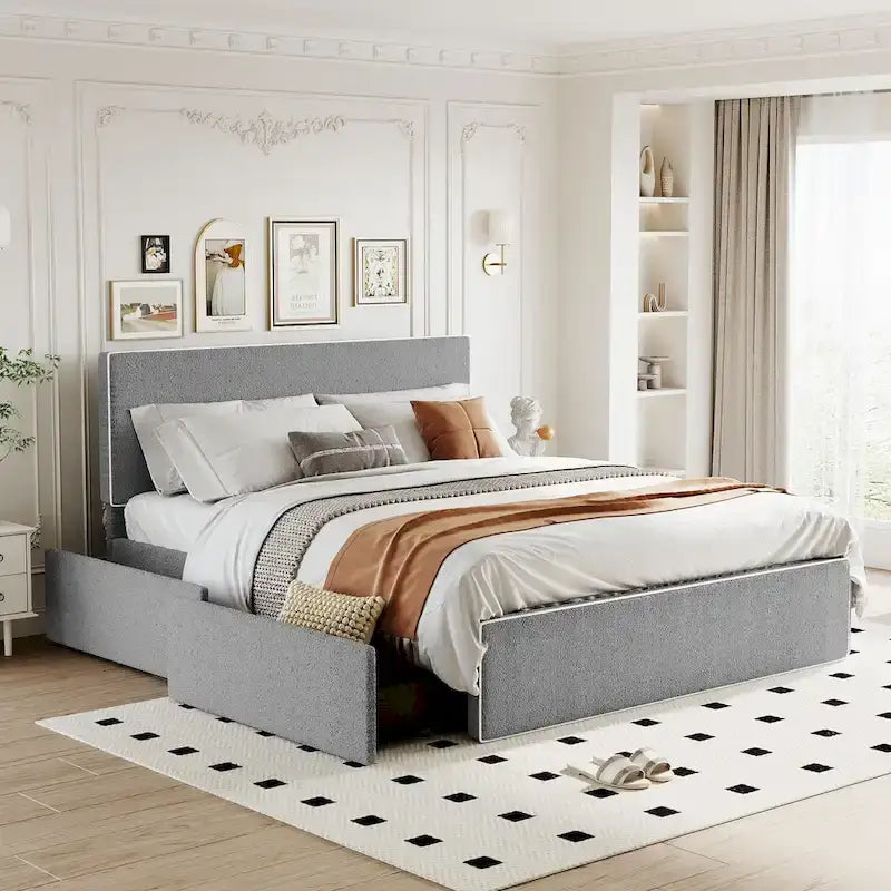 Queen Size Upholstered Platform Bed with 4 Drawers