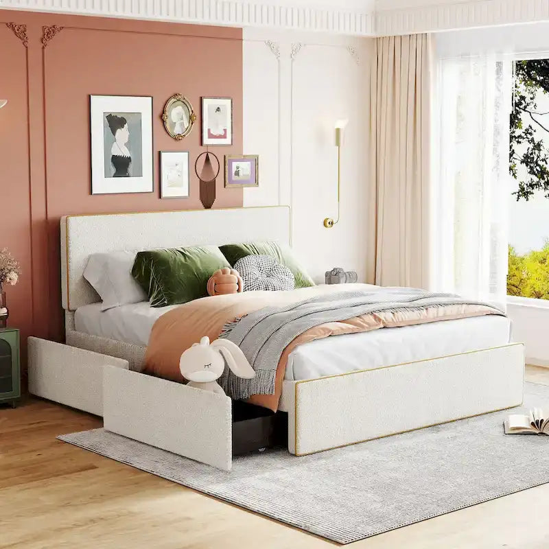 Queen Size Upholstered Platform Bed with 4 Drawers
