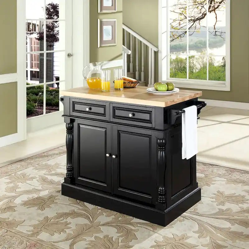 Crosley Oxford Butcher Block Top Kitchen Island in Black Finish - 23  d x 47.75  w x 35.75  h